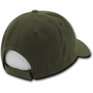 A low-profile structured cap in olive green featuring a mesh back and an adjustable strap.