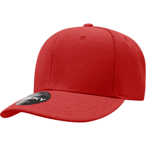 A red six-panel low profile structured cap with a branding logo on the side.