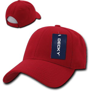 A red six-panel low profile structured cap with a tag and a rear mesh panel. It features a logo on the front.