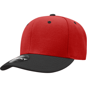 A red and black structured cap with a low profile and a logo on the side.