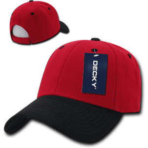 A red and black 6 Panel Low Profile Structured Cap with a branding tag and a rear view.