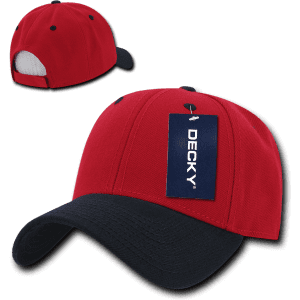 A red and navy blue 6 panel low profile structured cap with a tag and a rear mesh panel.