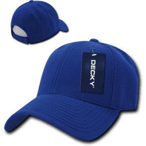 A blue six-panel low profile structured cap featuring a rear mesh panel and a logo on the front.