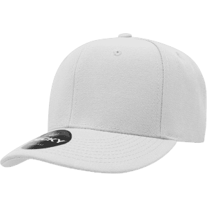 A white six-panel low profile structured cap with a curved brim and a logo on the tag.