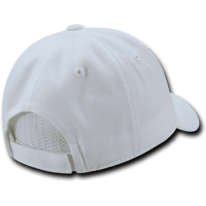 A white 6 panel low profile structured cap featuring a mesh back and an adjustable strap.