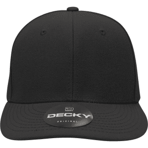 A black 6 panel mid-profile structured cap with a flat brim and a logo on the front.