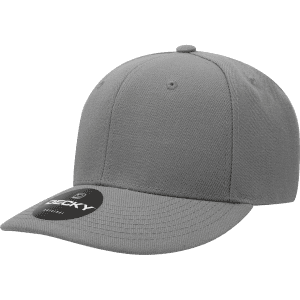 A grey 6-panel mid profile structured cap with a branded tag on the peak.