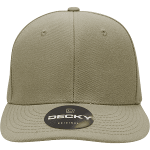 A khaki 6 panel mid profile structured cap with a flat brim and a logo on the front.