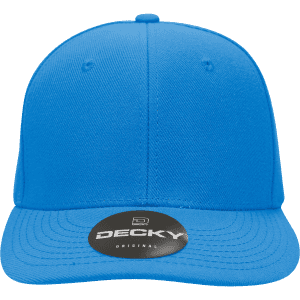 A structured cap in bright blue with a black circular branding on the front.