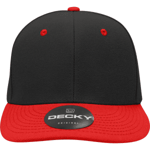 A black and red 6-panel mid-profile structured cap with a logo on the front.
