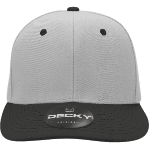 A structured six-panel cap featuring a grey crown and a black peak, with a logo on the front.