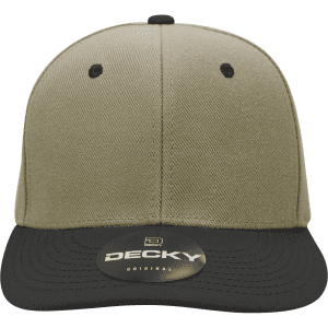 A structured cap in khaki with a black brim, featuring a logo on the front and a tag attached.
