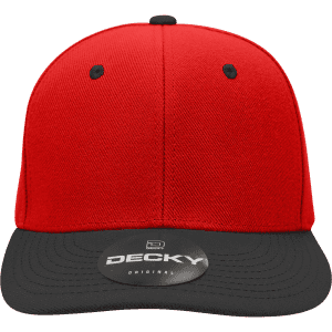 A red cap with a black peak and an attached logo on the front.