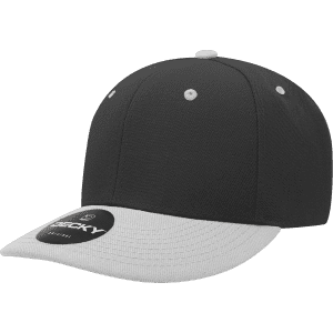 A structured cap featuring a black top and grey peak, with a logo on the front.