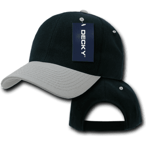 A structured six-panel cap in black and light grey, featuring a branded tag and ventilation holes.