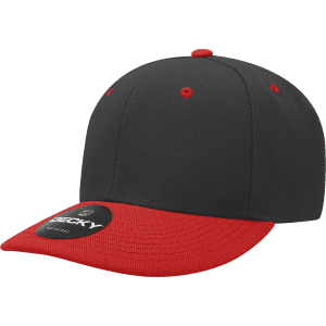 A black and red 6 panel mid profile structured cap featuring a circular logo on the front.