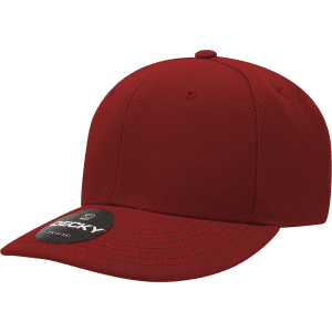 A red 6 panel mid-profile structured cap with a logo on the front.