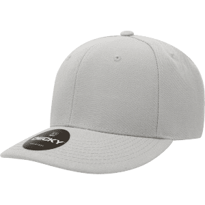 A grey 6 panel mid-profile structured cap featuring a branded tag on the front brim.