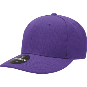 A purple 6 panel mid profile structured cap with a logo on the front and a flat brim.