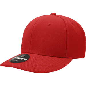 A red structured cap with a mid-profile and a logo on the front.