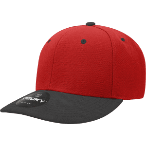 A red and black six-panel mid-profile structured cap with a logo on the front.