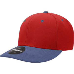 A red and blue 6 panel mid profile structured cap with a logo on the front.