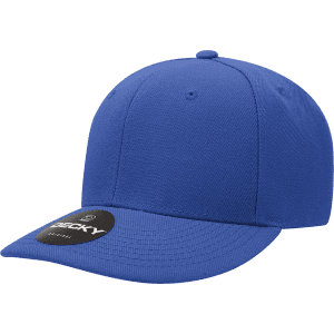 A blue six-panel mid-profile structured cap with a logo on the front.