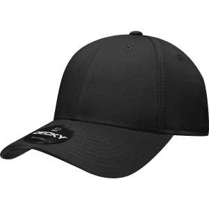 A black 6 panel low profile structured cap with a pre-curved brim and a logo on the side.