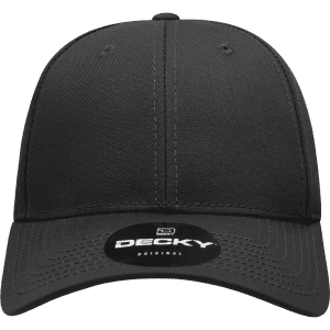 A black 6 panel low profile structured cap with a curved brim and a logo on the front.