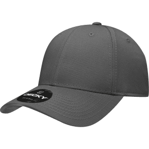 A grey 6 panel low profile cotton cap with a tag, featuring a branded logo.