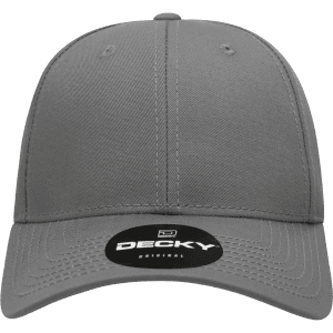 A grey 6 panel low profile structured cap with a round logo on the front.