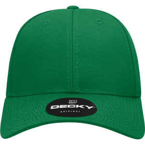 A green 6 panel low profile structured cap with a rounded crown and a branded logo on the front.