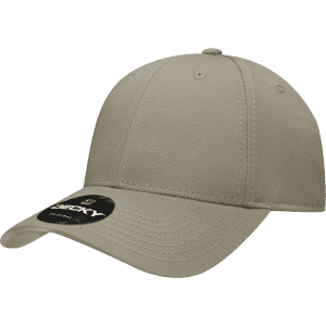 A tan 6-panel low profile structured cap with a rounded crown and a logo on the front.