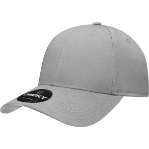 A grey six-panel low profile structured cap with a branded logo on the front.