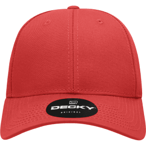 A red 6 panel low profile structured cap with a logo on the front.