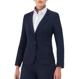 A navy blue tailored jacket with a fitted design, featuring a single-button closure and pockets.