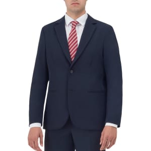A navy blazer with a single button closure, paired with a white shirt and a red striped tie. The model has a neutral expression.