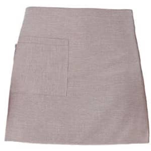 A light brown apron featuring a front pocket and a simple design. It has a branding logo.