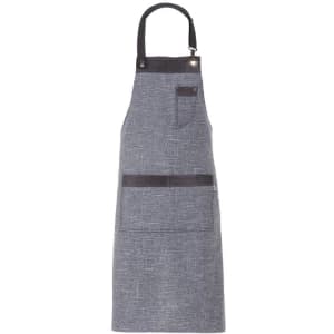A grey apron with a black top section and pockets, featuring a logo on the front.