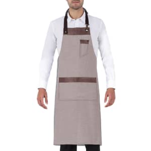A brown and beige apron featuring a pocket and a logo on the upper section, worn by a model.