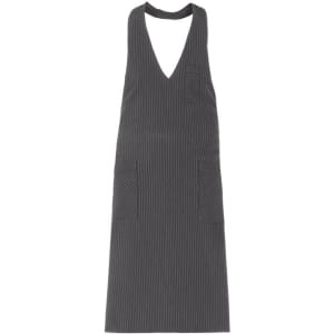 A grey striped apron with a v-neck design and two front pockets. It features a branding logo.