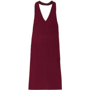 A burgundy apron with a V-neck design and two front pockets, featuring a subtle striped pattern.