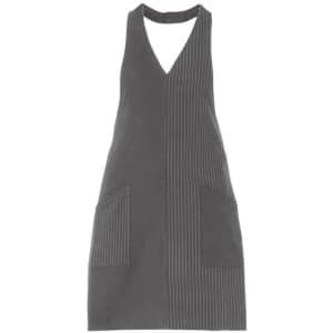 A grey apron featuring a combination of solid and striped patterns, with two front pockets. It has a halter neck design and a logo.
