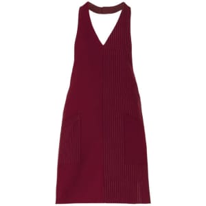 A maroon apron featuring a V-neck design with pinstriped fabric and two front pockets. It has a branding logo.