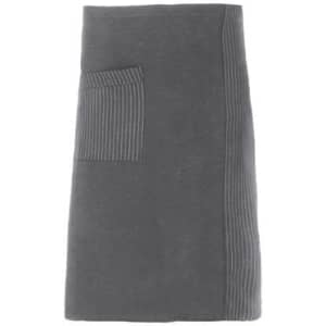A grey apron with a textured side panel and a pocket on the front. It has a simple, elegant design.