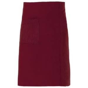A burgundy apron with a textured pocket and a ribbed side panel, featuring a logo.
