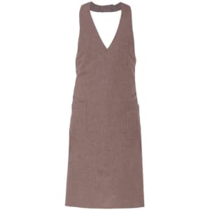 A brown apron with a deep V-neck design and two front pockets, featuring a logo.