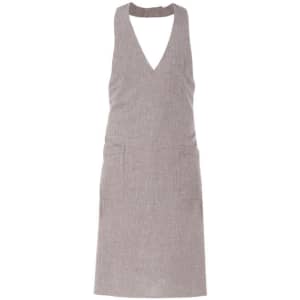 A grey, sleeveless apron with a V-neck design featuring two front pockets and a simple logo.