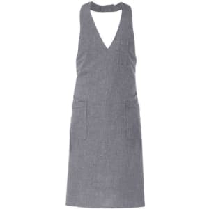 A grey apron with a V-neck design and two front pockets, featuring a logo.