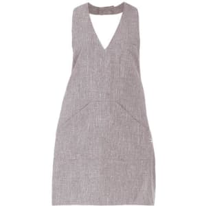 A grey apron with a V-neck design and a front pocket, featuring a small logo.